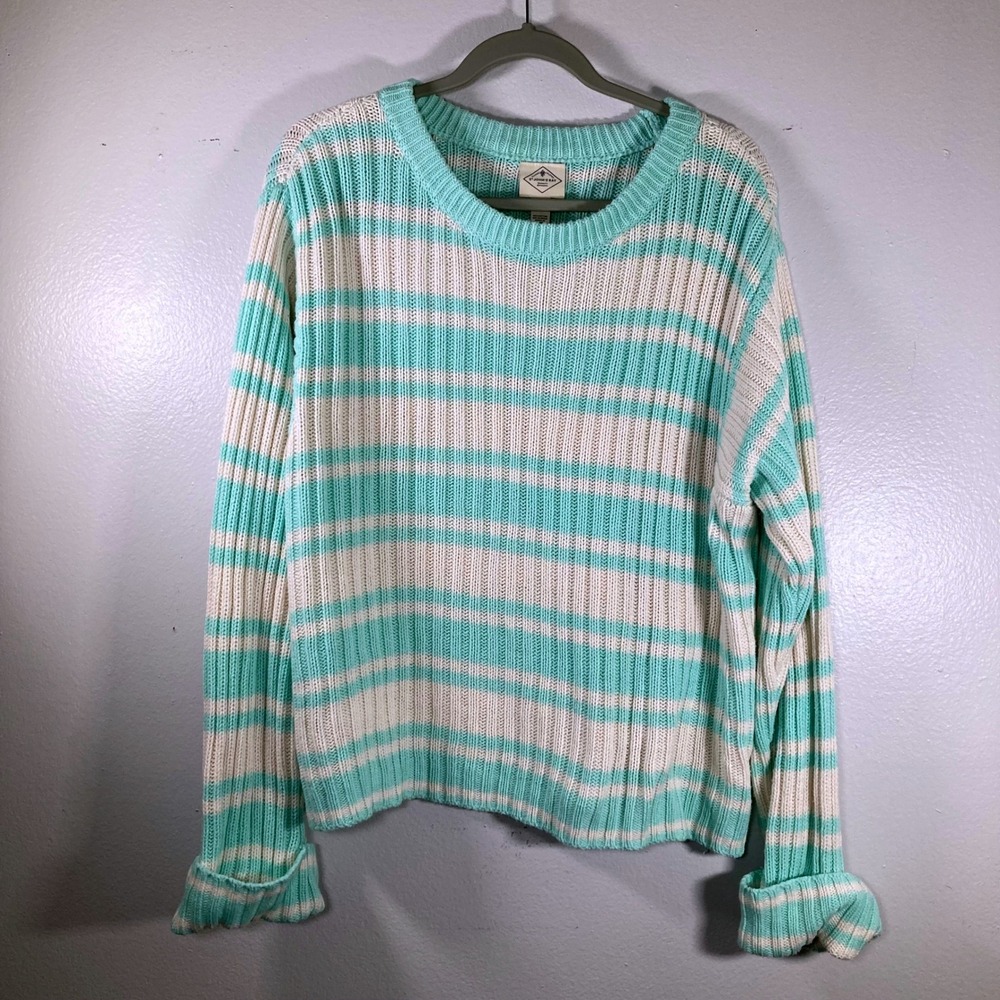 St Johns Bay Womens L Mint Green White Striped Shaker Knit Sweater Large
